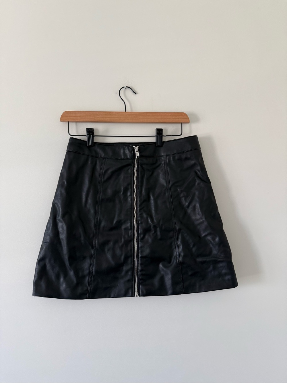 H&M Black Faux Leather A-Line Mini Skirt with Front Zip